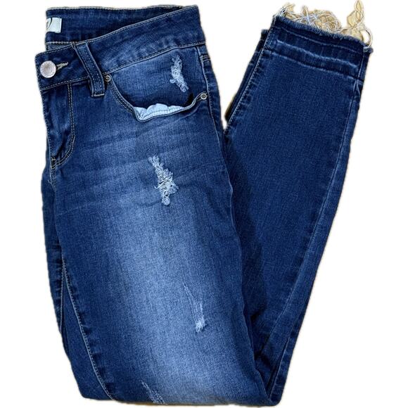 Yumi Love Womens 6 Blue Skinny Jeans Distressed Front Frayed Hem Stretch Denim - Picture 1 of 13